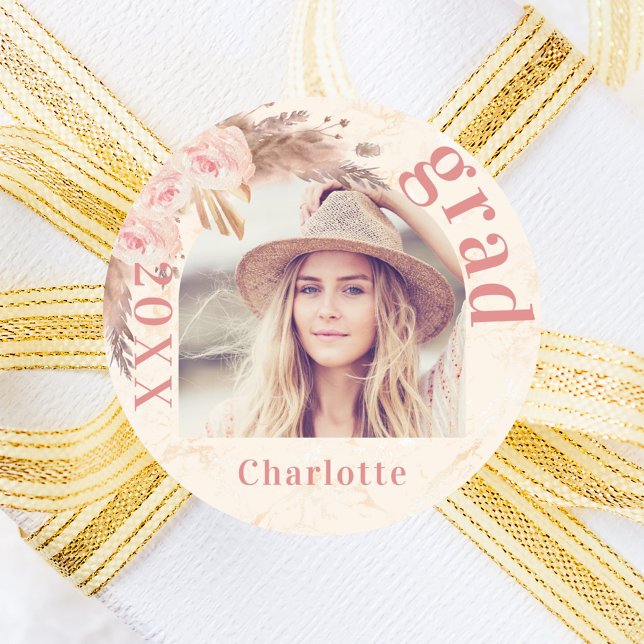 Graduation party pampas grass blush florals photo classic round sticker (Creator Uploaded)