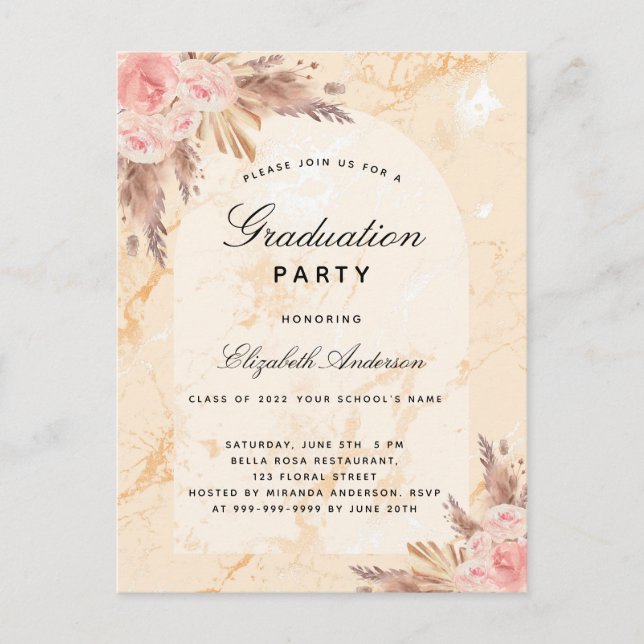 Graduation party pampas grass marble blush 2022 invitation postcard (Front)
