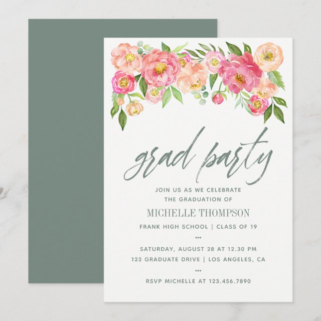 Graduation Party Peony flowers invitation (Front/Back)