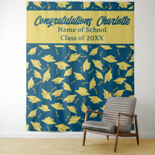 Graduation Party Personalised Photo Op Blue & Gold Tapestry