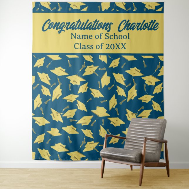 Graduation Party Personalised Photo Op Blue & Gold Tapestry (In Situ)