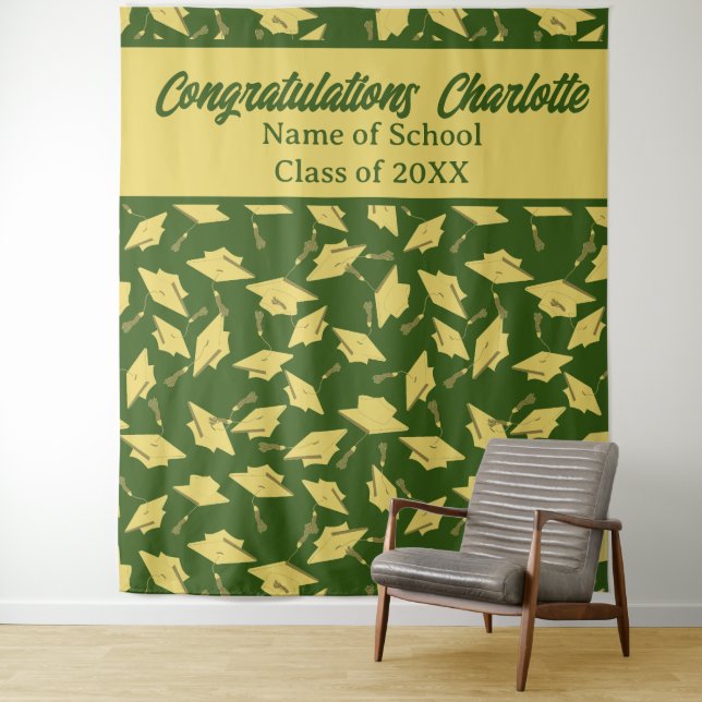 Graduation Party Personalised Photo Op Green Gold Tapestry (In Situ)