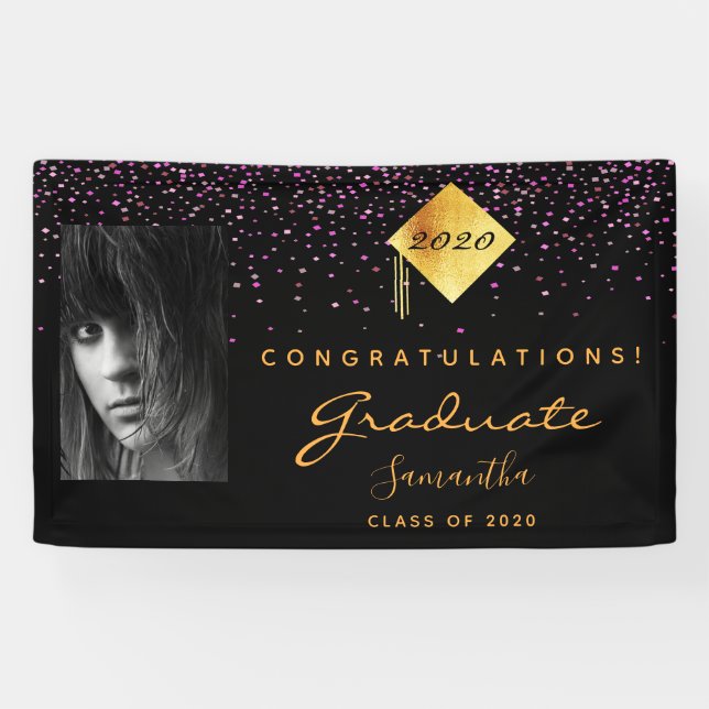 Graduation party photo black purple gold banner (Horizontal)
