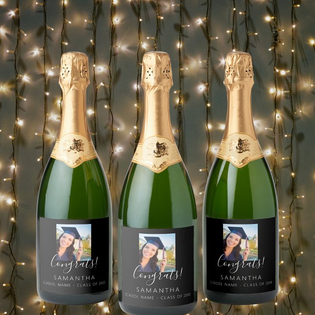 Graduation party photo black white 2025 sparkling wine label (Creator Uploaded)