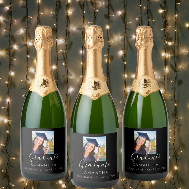 Graduation party photo black white 2025 sparkling wine label (Creator Uploaded)