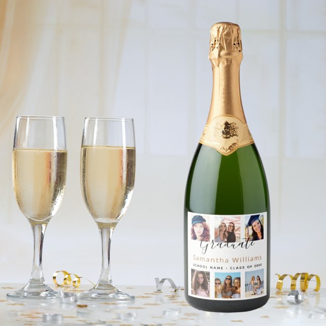 Graduation party photo collage white sparkling wine label (Creator Uploaded)
