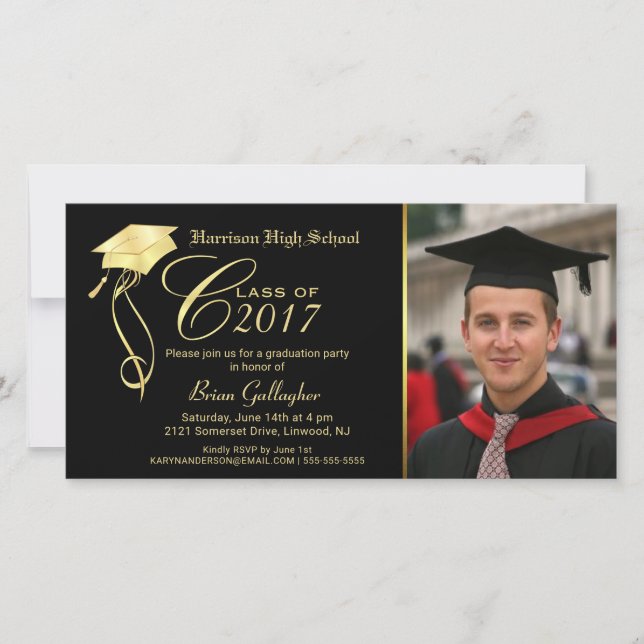 Graduation Party Photo Invitation Black & Gold Cap (Front)