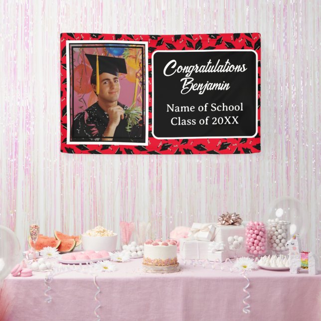 Graduation Party Photo Personalised Black and Red Banner (Party)