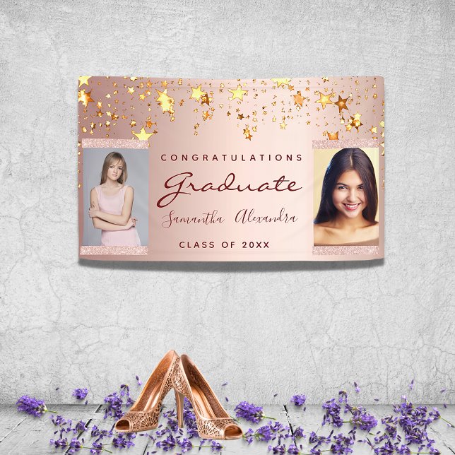 Graduation party photo rose gold stars duo banner (Creator Uploaded)