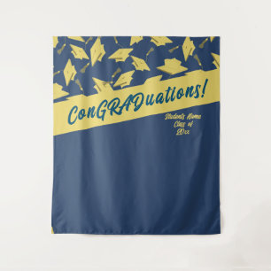 Graduation Party Photobooth Blue Gold Mortarboards Tapestry