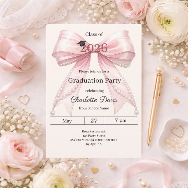 Graduation party pink bow cream photo arch 2026 invitation (Creator Uploaded)