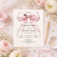 Graduation party pink bow photo cream invitation