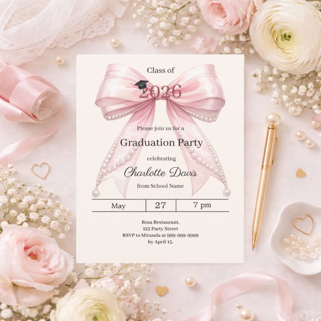 Graduation party pink bow photo cream invitation (Creator Uploaded)