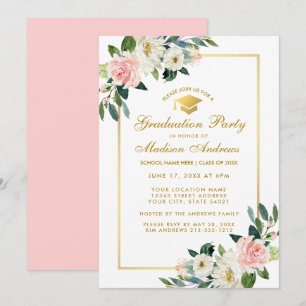 Graduation Party Pink Floral Gold Invitation P