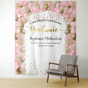 Graduation Party Pink Gold Balloons Streamers Tapestry