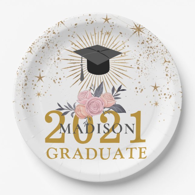 Graduation Party Pink Gold Class Of 2021 Paper Plate (Front)