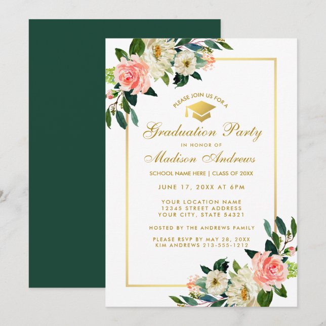 Graduation Party Pink Tropical Floral Gold Invite (Front/Back)