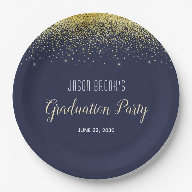 Graduation Party Platinum Gold Confetti Black  Inv Paper Plate (Front)