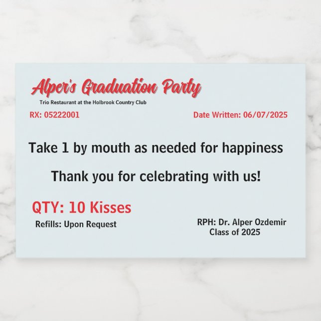 Graduation Party Prescription Label  (Single Label)