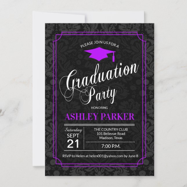 Graduation Party - Purple Black White Damask Invitation (Front)