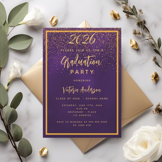 Graduation party purple gold confetti 2026 invitation (Creator Uploaded)