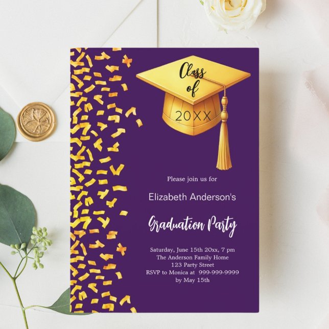 Graduation party purple gold confetti girl invitation (Creator Uploaded)