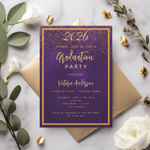 Graduation party purple gold confetti invitation