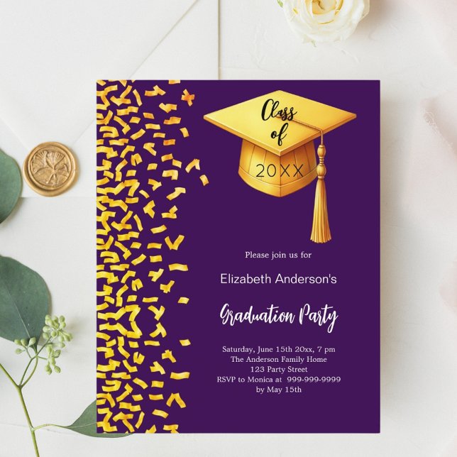 Graduation party purple gold confetti invitation (Creator Uploaded)