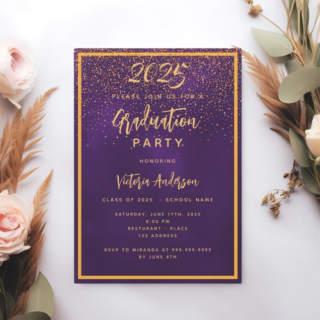 Graduation party purple gold confetti luxury invitation (Creator Uploaded)