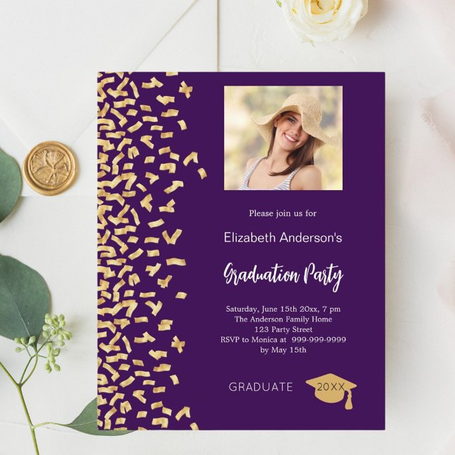 Graduation party purple gold photo invitation (Creator Uploaded)