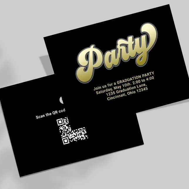 Graduation Party QR Code Gold Modern Typography Enclosure Card (Graduation black and gold enclosure card with scannable QR Code. )
