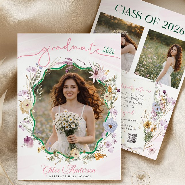 Graduation party QR Code Wildflower   Invitation (graduation invitation, qr code invite, wildflower invitation, boho graduation, floral invite, gradua)