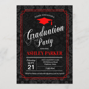 Graduation Party - Red Black White Damask Invitation
