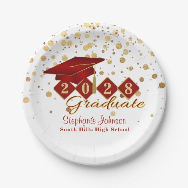 Graduation Party Red & Gold 20XX Paper Plate (Front)