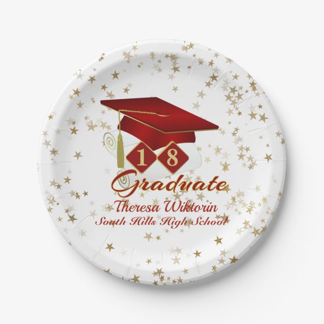 Graduation Party Red & Gold 20XX Paper Plate (Front)