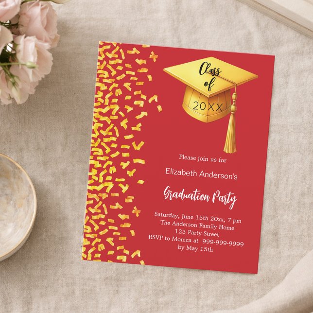 Graduation party red gold confetti invitation (Creator Uploaded)