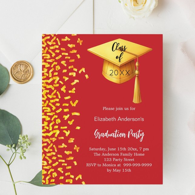 Graduation party red gold confetti invitation (Creator Uploaded)