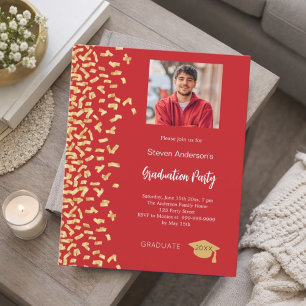 Graduation party red gold photo invitation