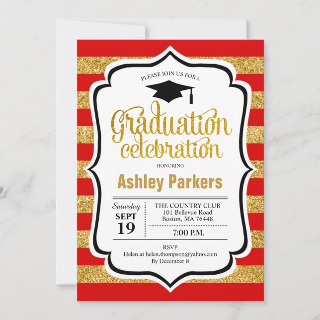 Graduation Party - Red Gold Stripes Invitation (Front)