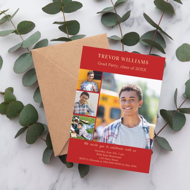 Graduation party red photo collage invitation (Creator Uploaded)