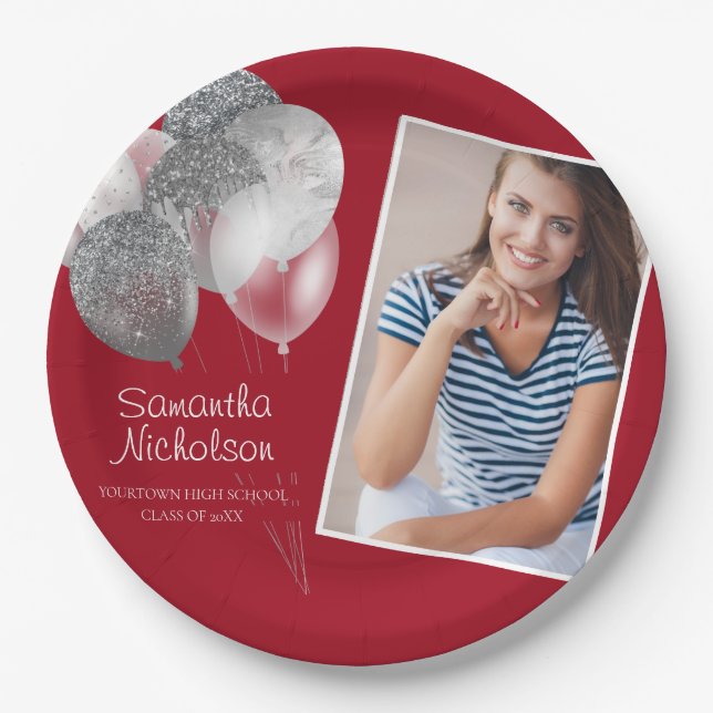 Graduation Party Red Silver Glitter Balloons Photo Paper Plate (Front)