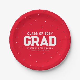 Graduation party red sporty grad name paper plate