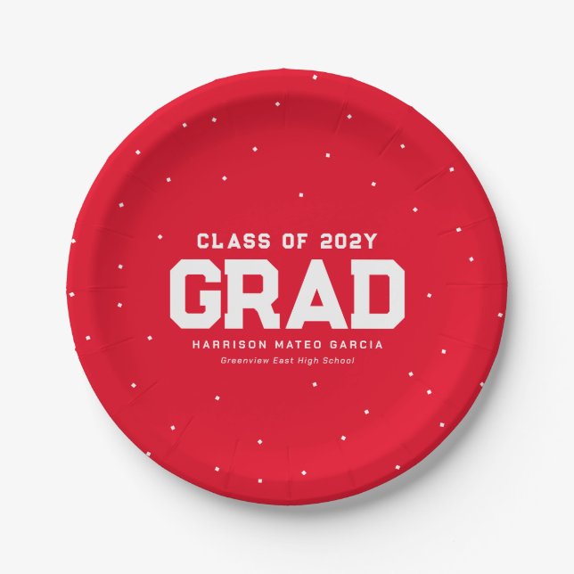 Graduation party red sporty grad name paper plate (Front)