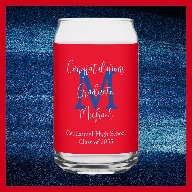Graduation Party Red White Blue Monogram Name Can Glass (Creator Uploaded)
