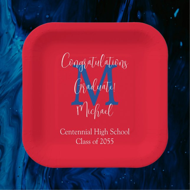 Graduation Party Red White Blue Name Monogram Paper Plate (Creator Uploaded)