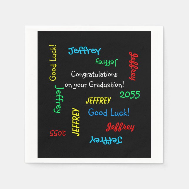 Graduation Party Repeating Names Black Paper Napkin (Front)