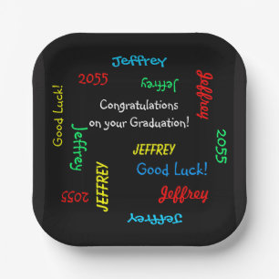Graduation Party Repeating Names FUN Black Paper Plate