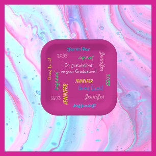 Graduation Party Repeating Names FUN Hot Pink Paper Plate
