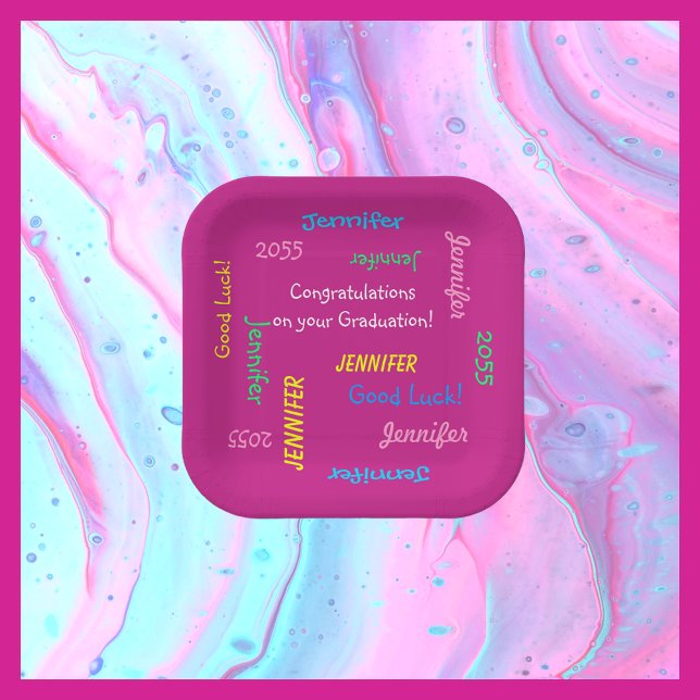Graduation Party Repeating Names FUN Hot Pink Paper Plate (Creator Uploaded)