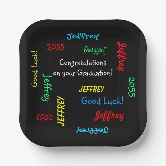 Graduation Party Repeating Names Square Black Paper Plate (Front)